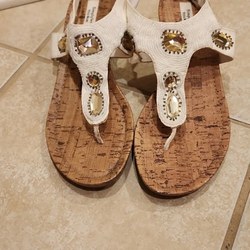 Simply Vera Vera Wang Brown Wedge Sandals w/ Bejeweled White Straps Size 10